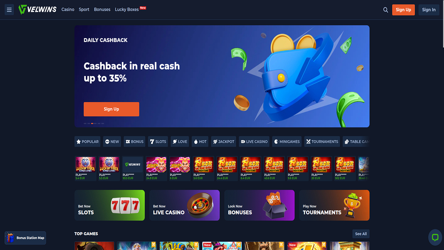 Homepage screenshot of Velwins Casino for Desktop