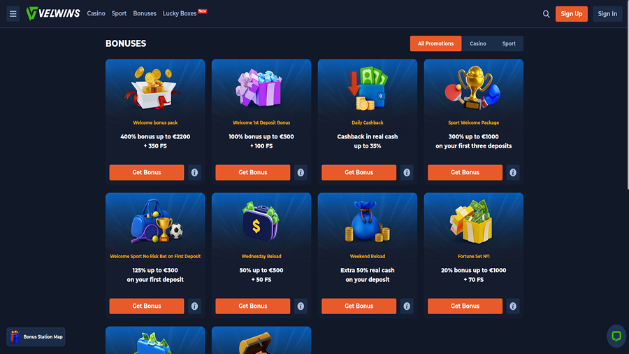 Promotions screenshot of Velwins Casino for Desktop