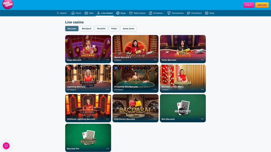 Vera John Casino Desktop Live Dealer