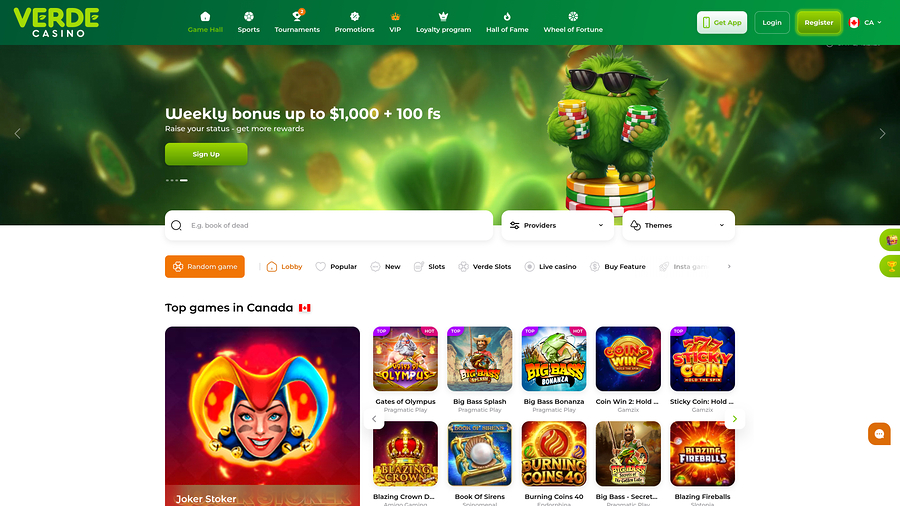 Página de inicio de escritorio del Casino Verde