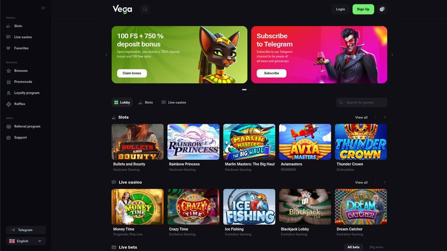 Captura de pantalla de la página de inicio de VegaBet Casino
