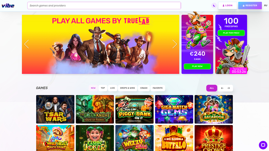 Vibe Casino Desktop Homepage