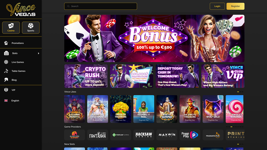 Página de inicio de escritorio del casino Vince Vegas