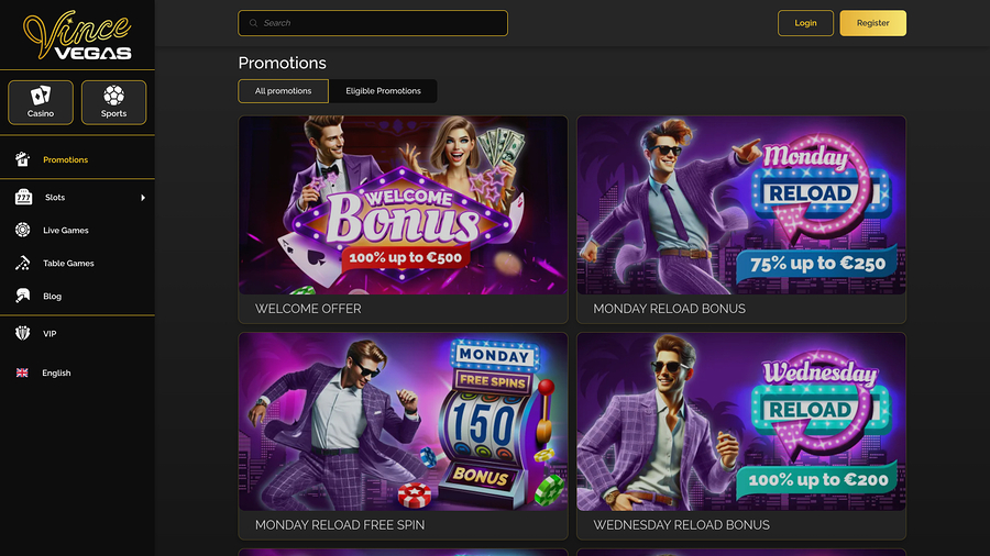 Promociones de escritorio del casino Vince Vegas