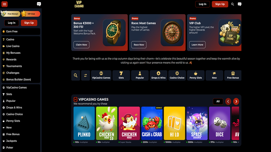 Homepage screenshot of VipCasino for Desktop