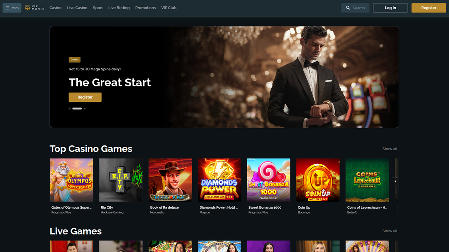 VipMonte Casino Desktop Homepage