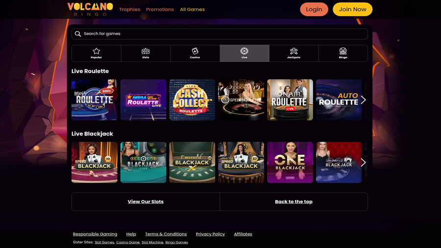 Volcano Bingo Casino Desktop Live Dealer
