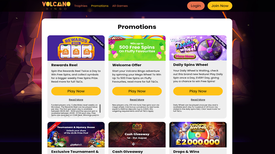 Volcano Bingo Casino Desktop Promotions