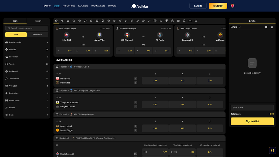 Apuestas deportivas de escritorio en Vulkka Casino