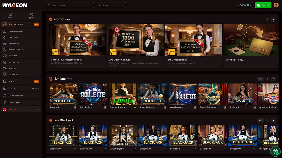 Página de inicio de escritorio de Wageon Casino