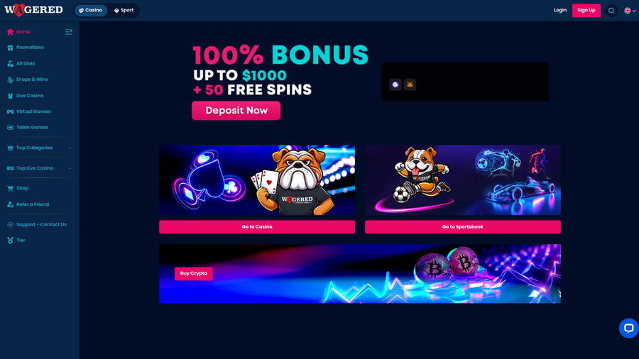 Wagered Casino Desktop Homepage