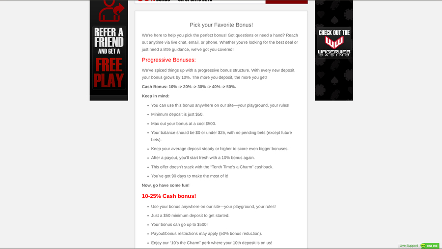 WagerWeb Casino Desktop Promotions