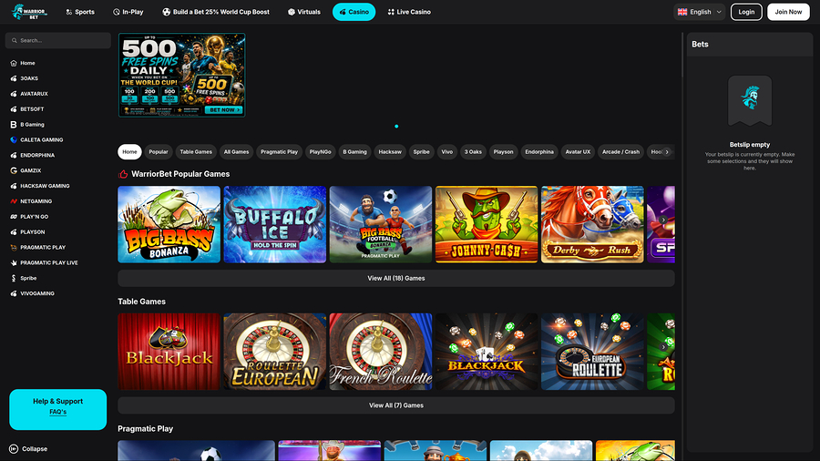 Página de inicio de WarriorBet Casino para escritorio