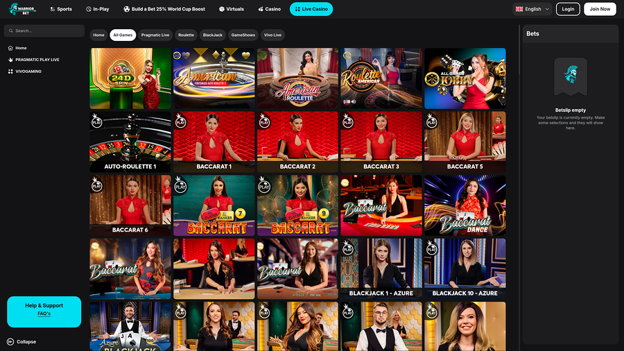 Casino WarriorBet para escritorio con crupier en vivo