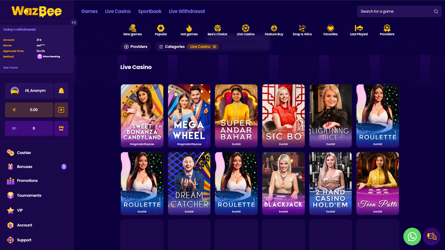 Wazbee Casino Desktop Live Dealer