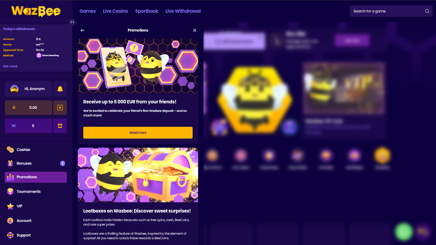 Wazbee Casino Desktop Promotions