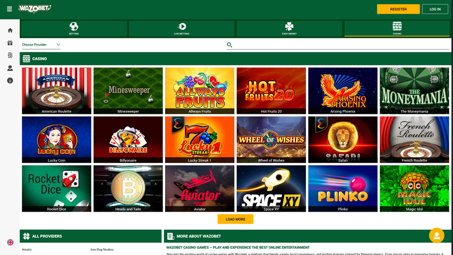 Wazobet Casino Desktop Games