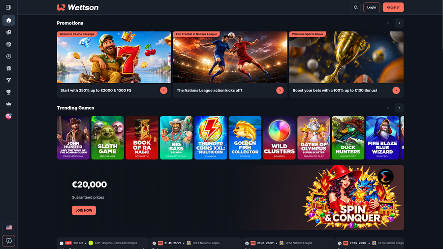 Página de inicio de escritorio del casino Wettson