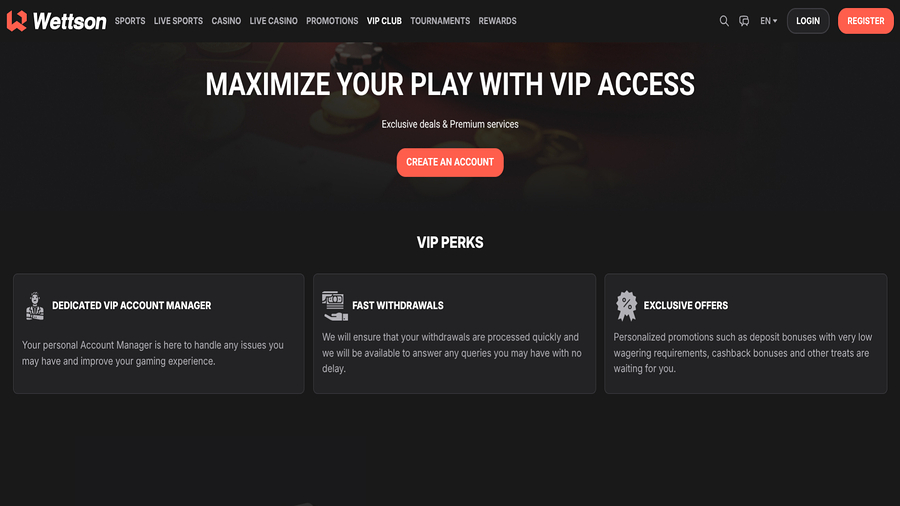 Captura de pantalla VIP de Wettson Casino para escritorio