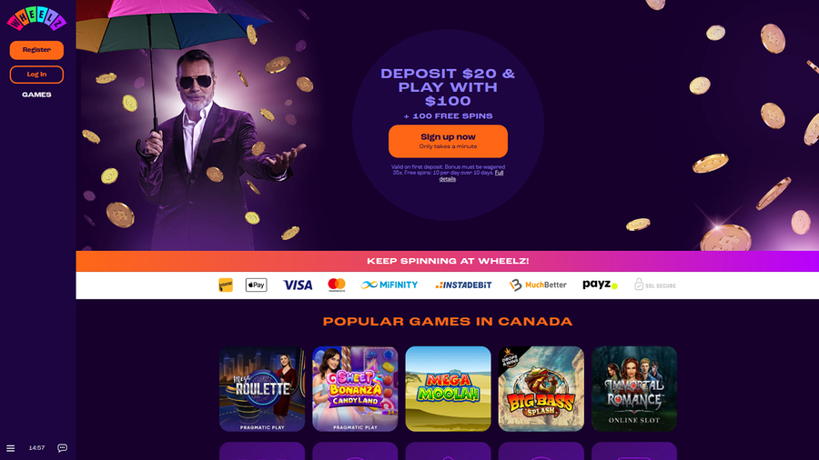 Wheelz Casino Desktop Homepage