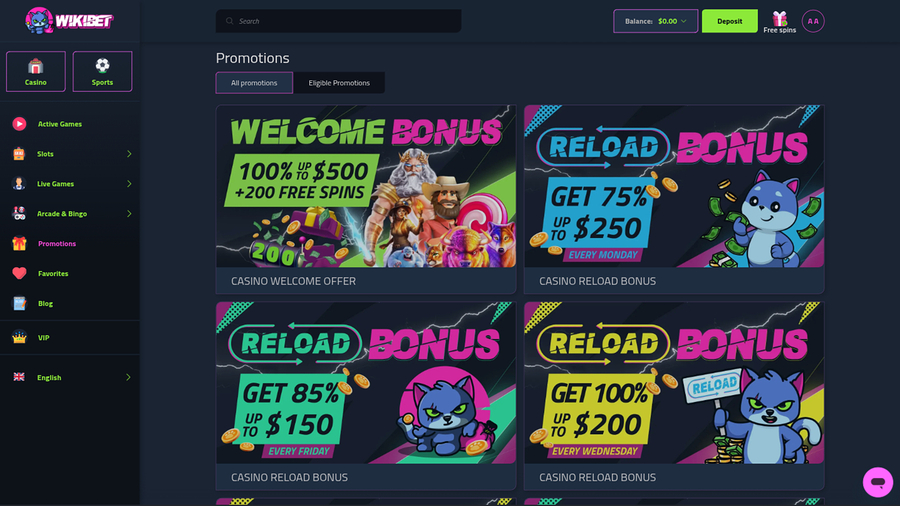 Wikibet Casino Promotions Desktop