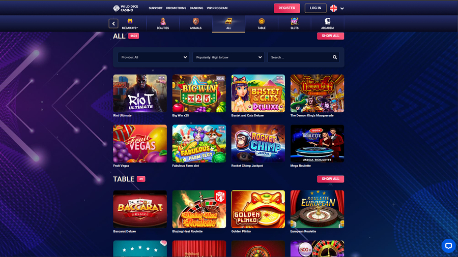 Juegos de escritorio de Wild Dice Casino