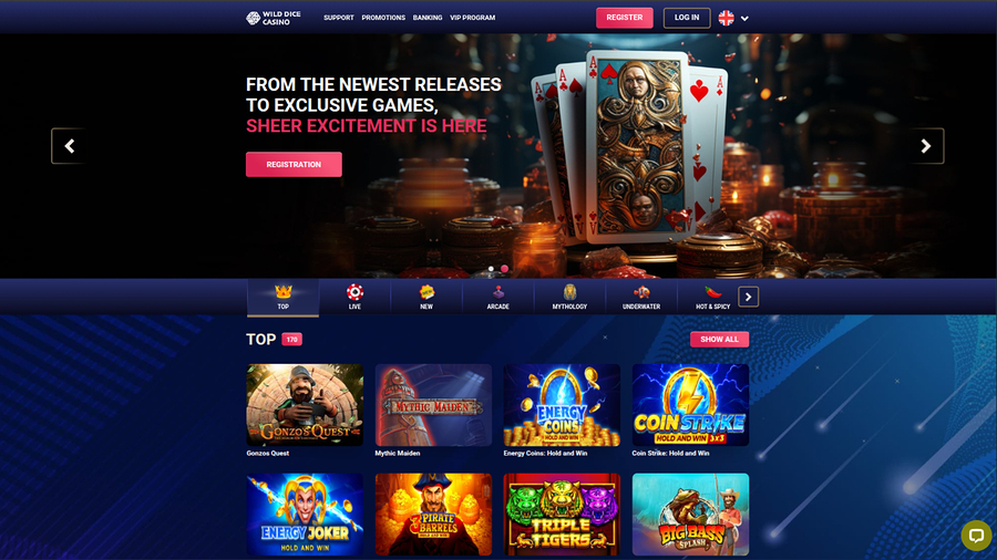 Página de inicio de escritorio de Wild Dice Casino