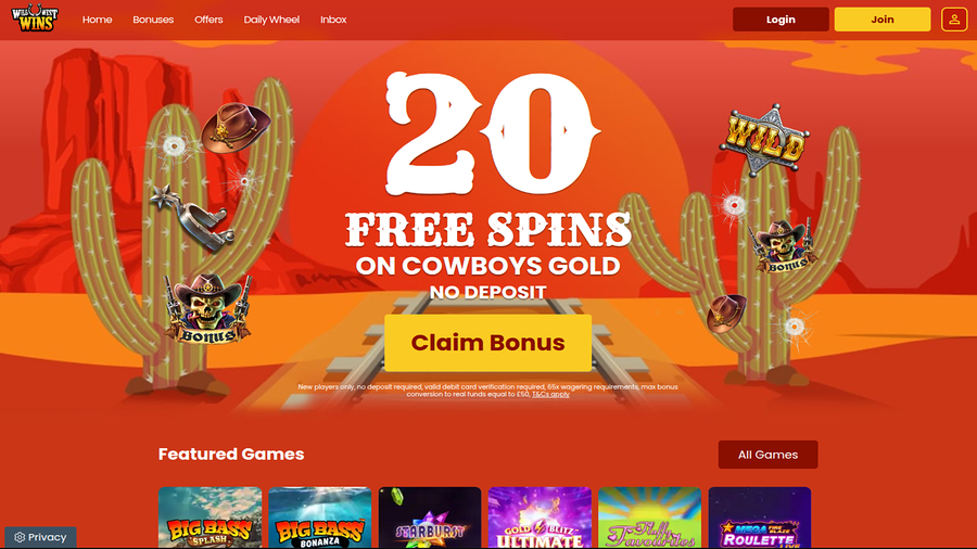 Wild West Wins Homepage Desktop