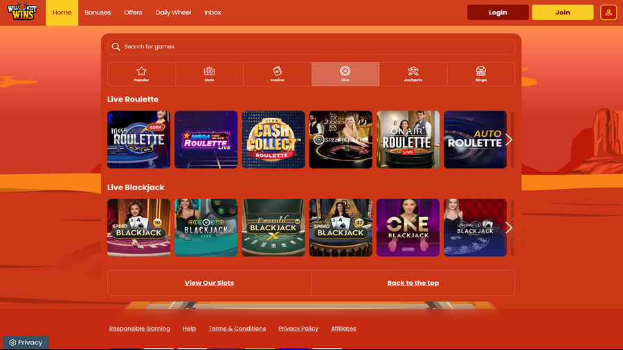 Wild West Wins Live Dealer Desktop