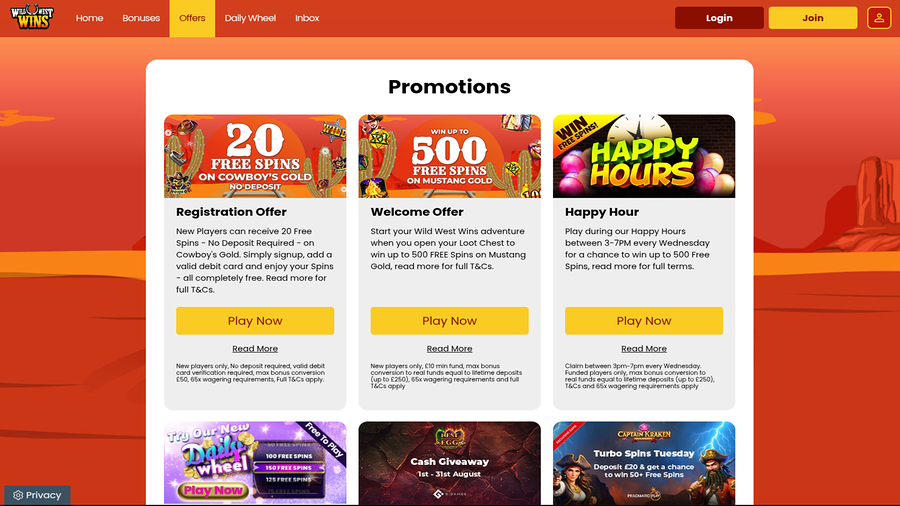 Wild West Wins Promotions Desktop