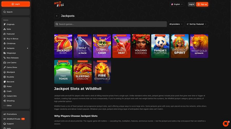 WildRoll Casino jackpot page