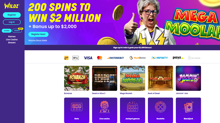 Wildz Casino Desktop Homepage