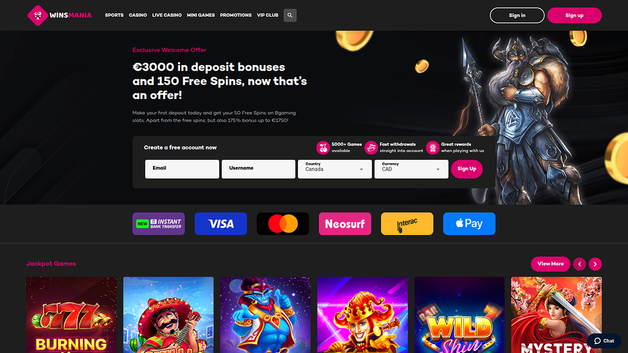 WinsMania Casino Desktop Homepage