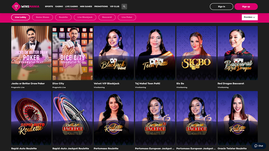 WinsMania Casino Desktop Live Dealer