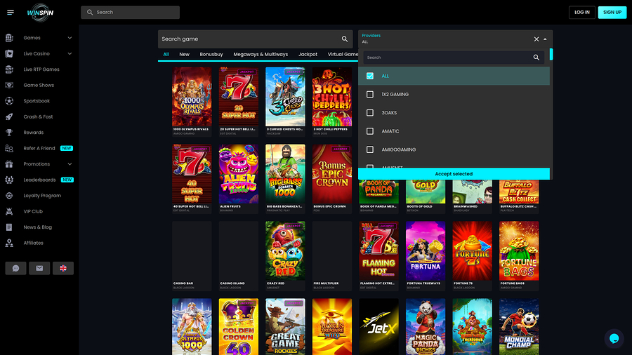 Captura de pantalla de la página de desarrolladores de juegos de WinSpin Casino
