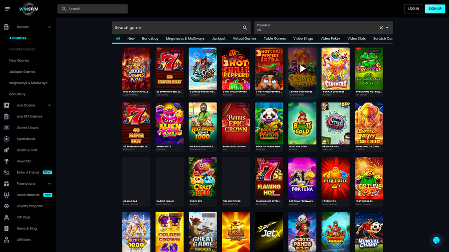 Captura de pantalla de la página de juegos de WinSpin Casino