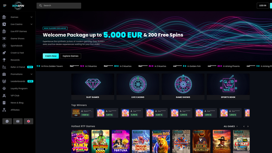 Captura de pantalla de la página principal de WinSpin Casino