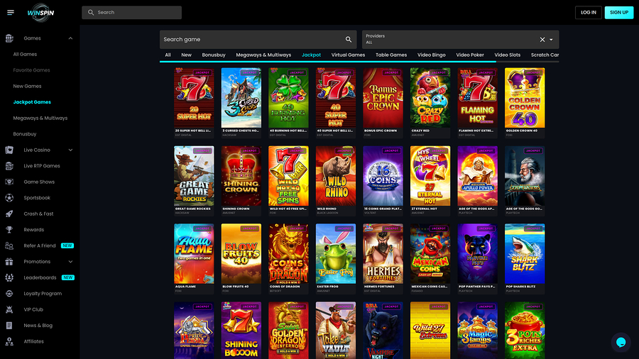 Captura de pantalla de la página de juegos con jackpot de WinSpin Casino
