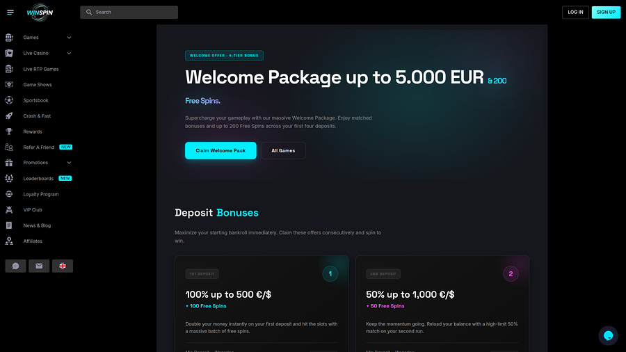 Captura de pantalla de las promociones del casino WinSpin