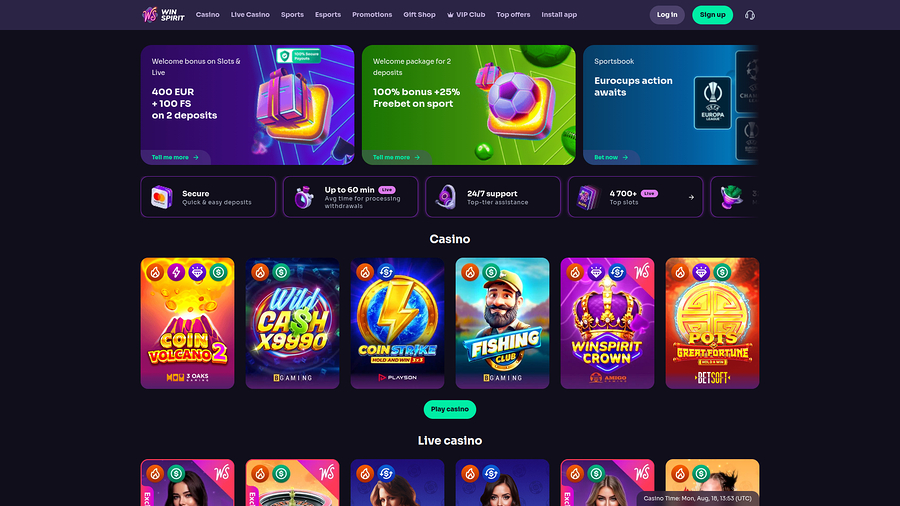 Página de inicio de escritorio de WinSpirit Casino