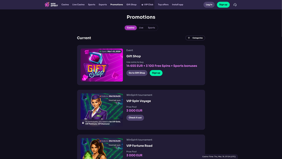 Promociones de escritorio de WinSpirit Casino