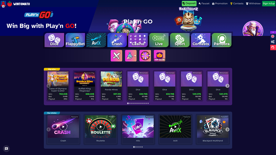 Wintomato Casino Desktop Homepage
