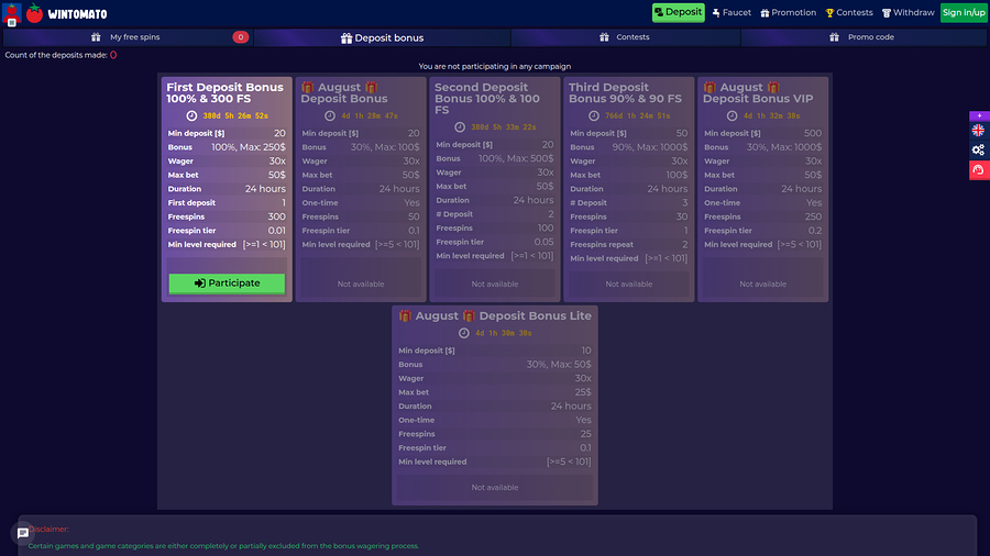 Wintomato Casino Desktop Promotions