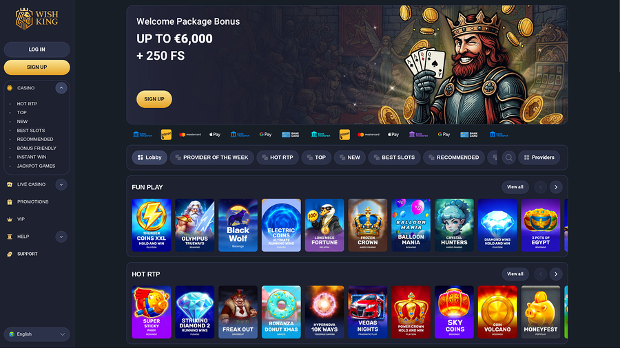 Página de inicio de Wishing Casino para escritorio