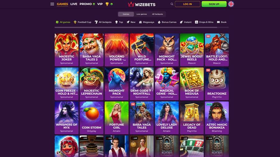Games page screenshot of Wizebets Casino