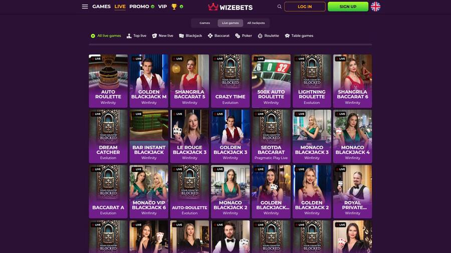 Live page screenshot of Wizebets Casino