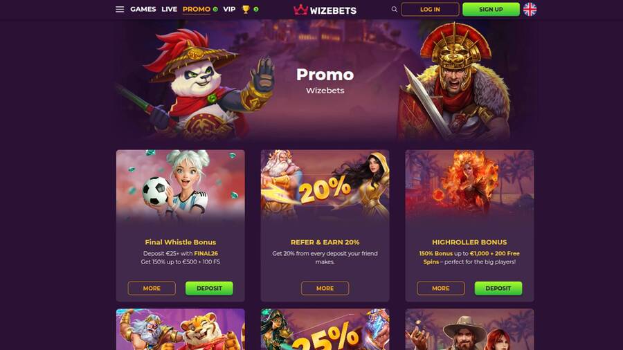Promotions page screenshot of Wizebets Casino