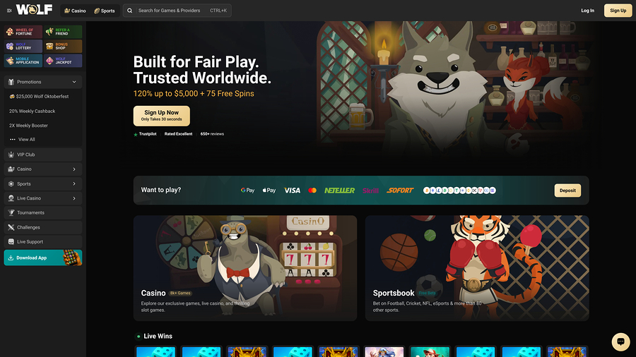 Wolf.io Casino Desktop Homepage