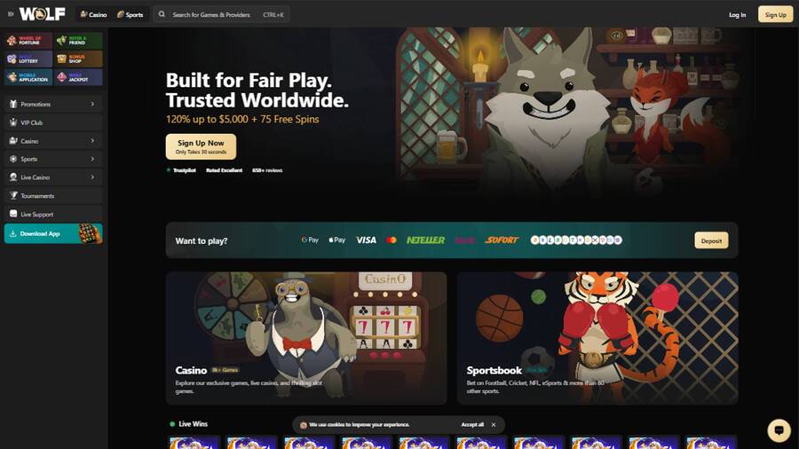 Homepage screenshot of Wolf.io Casino