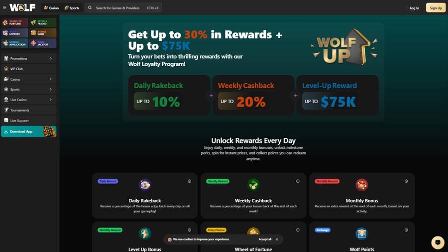 VIP page screenshot of Wolf.io Casino